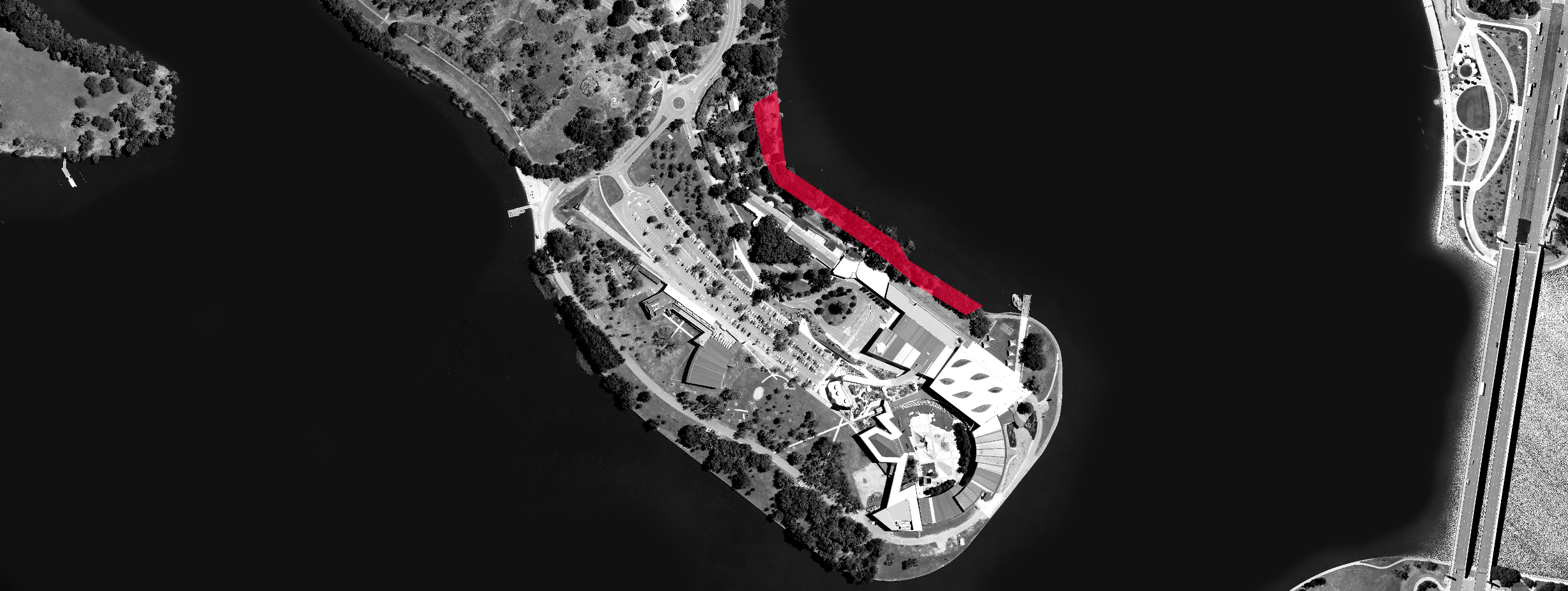 Black and white aerial view of Acton Peninsula showing location of asbestos remediation works and temporary walking track closure