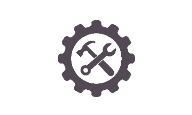 Flat icon featuring a hammer and wrench crossing over eachother and surrounded by a mechanical cog