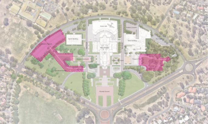 Aerial view of Australian War Memorial with areas highlighted to indicate location of planned works