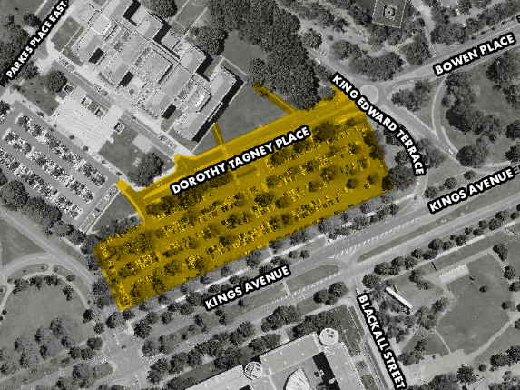 Map of John Gorton Carpark and surrounding paths highlighted to show that they are closed.