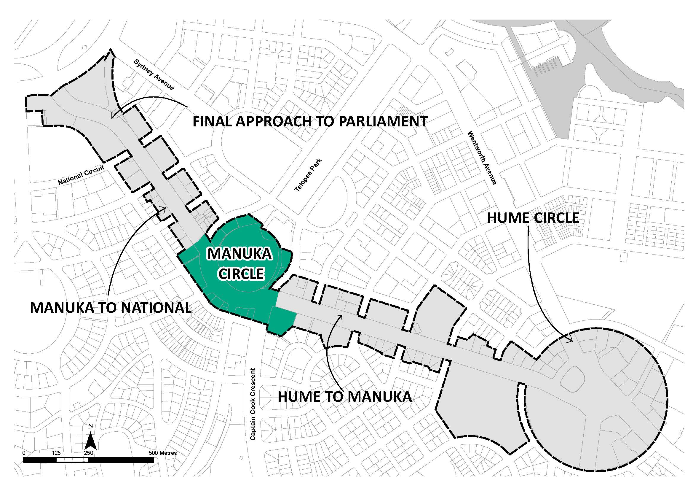 Outline of precincts along Canberra Avenue subject to Special Requirements