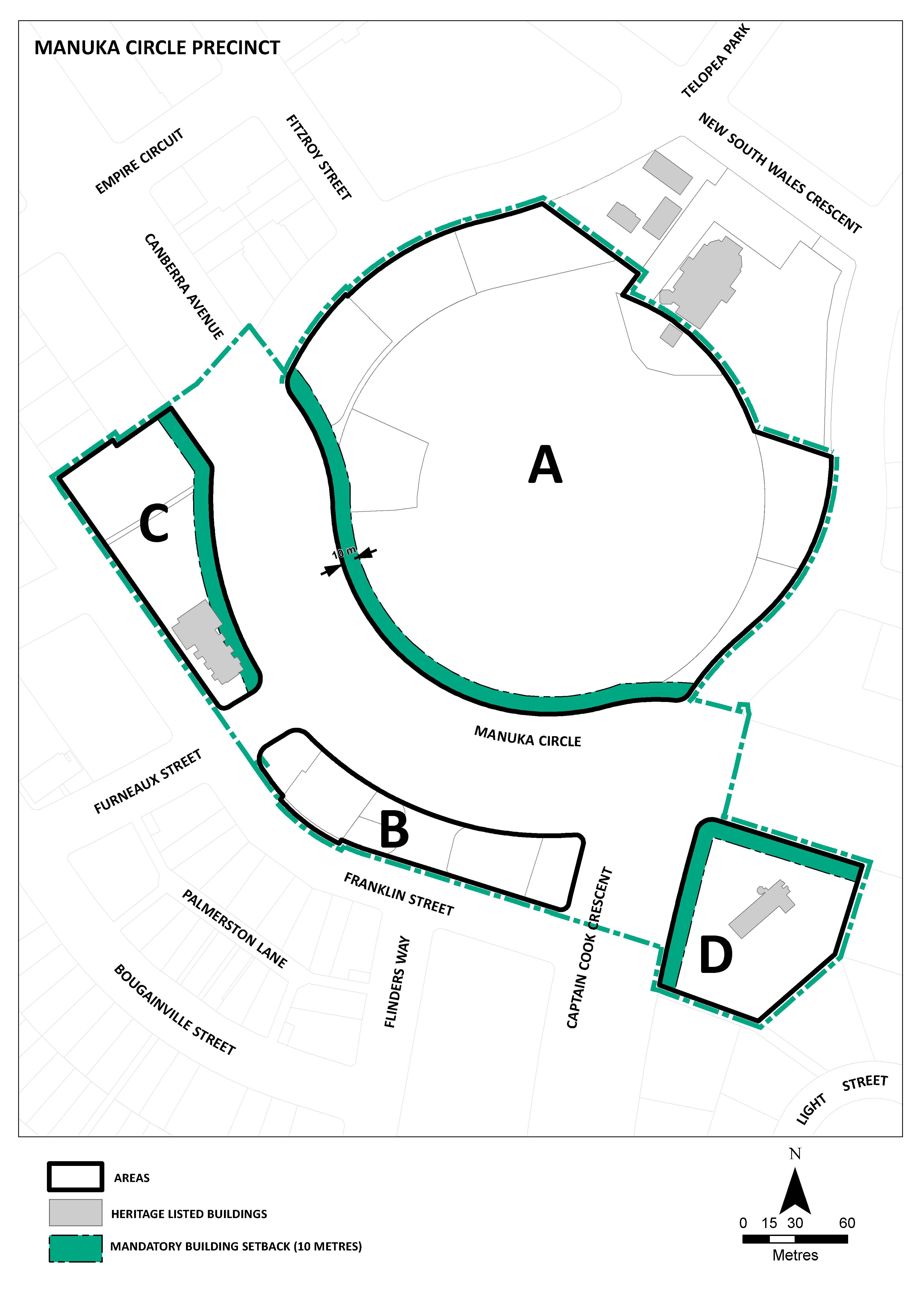 Areas of Manuka Circle Precinct showing mandatory setbacks