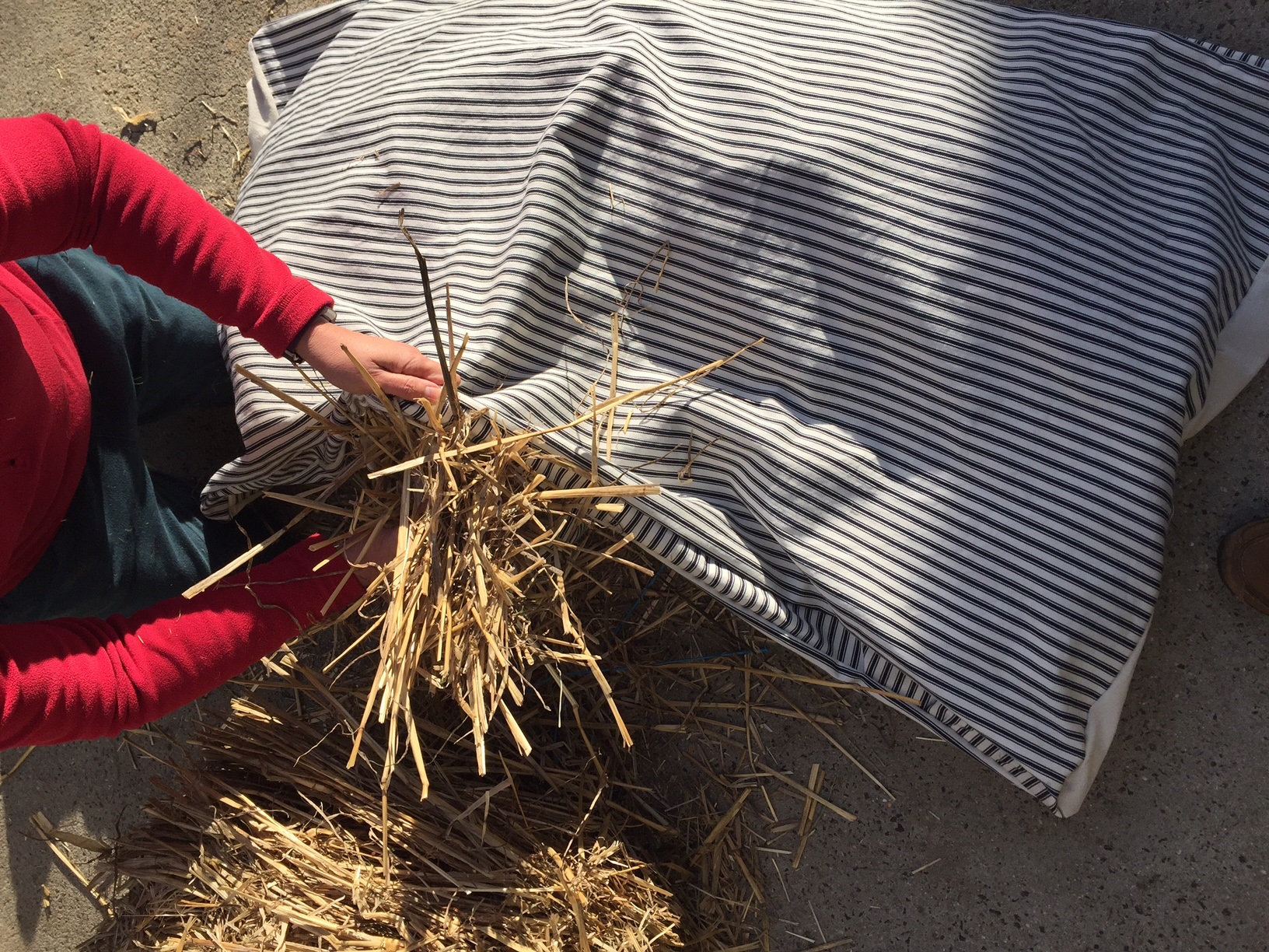 Blundells Cottage - stuffing hay into a new display mattress