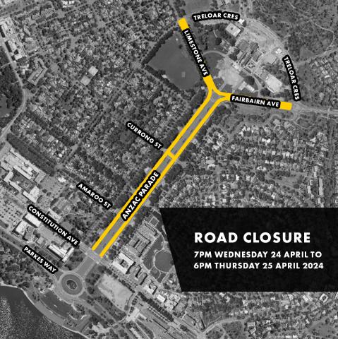 Map of Anzac Parade and surrounds, highlighted to show various roads that will be temporarily closed for this event.