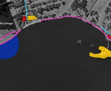 Lake Burley Griffin with road, path, carpark, lake exclusion area, aspen island and blundells cottage closures marked.