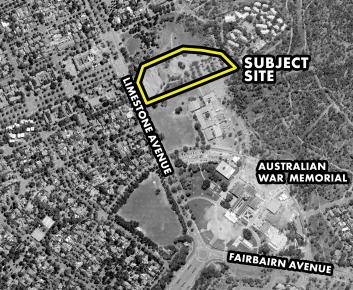 Black and white aerial view of Blocks 4 and 5 Section 38 Campbell, detailing subject site