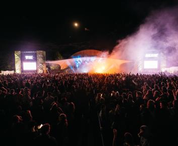 Night has fallen and hundreds of people gather to celebrate wine island