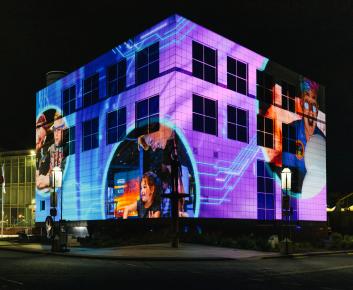 Building projected with beautiful light and images