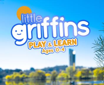 Little Griffins Logo with Play and Learn Ages 0-4 text, image of wattle made from craft materials with National Carillon in the background