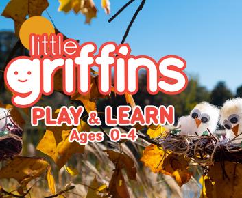 Little Griffins August Image featuring 3 baby bird models made out of craft materials, Little Griffins logo with play & learn ages 0-4 text underneath