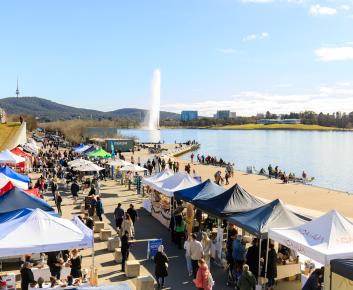 Market stalls by the lake